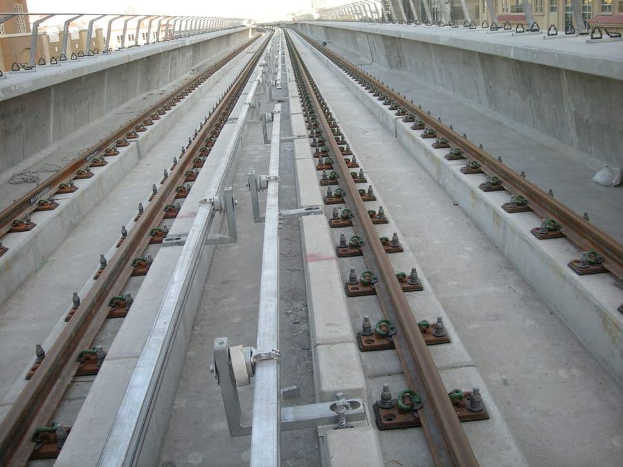 Ballastless turnouts under construction on an elevated viaduct
